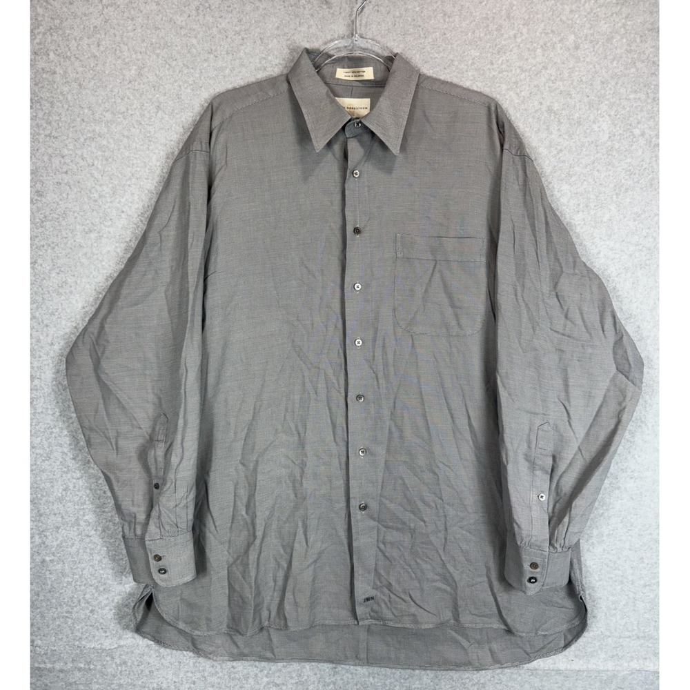 John W Nordstrom Shirt Mens 17-34 Gray Micro Check Button Up Long Sleeve Cotton